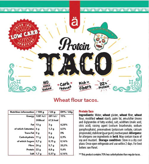 PROTEIN TACO | TORTILLA (22% PROTEIN) BOX-10 Units LOW CARB - VEGAN (P.V.P.r.: 48.75)