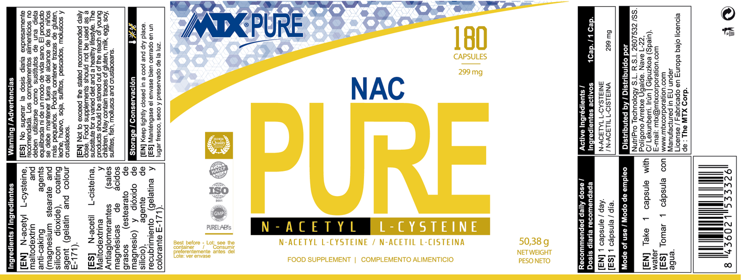 NAC PURE ™(OFERTA 7+1) [N-ACETIL CISTEINA 180CAP/299MG ] PVP(unidad): 19,9€