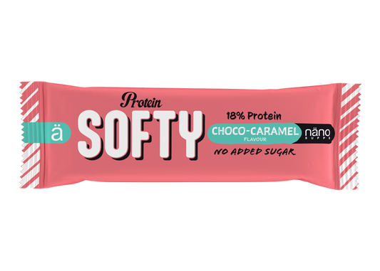 PROTEIN SOFTY | El snack Relleno Toffe cremoso cubierto chocolate con leche - NANO Supps -BOX-18 Units x 33,3g (P.V.P.r.: 36.00)