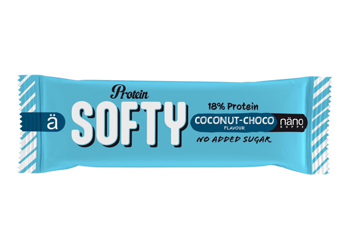 PROTEIN SOFTY | El snack Relleno Toffe cremoso cubierto chocolate con leche - NANO Supps -BOX-18 Units x 33,3g (P.V.P.r.: 36.00)