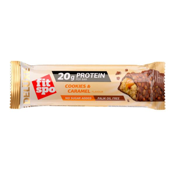 FitSpo DELUXE | Protein Bar Relleno Multicapa & Cobertura Crujiente 65g P.V.P.: 2,69€ (PVPR: 2,69€/unidad - 32,28€/caja de 12)