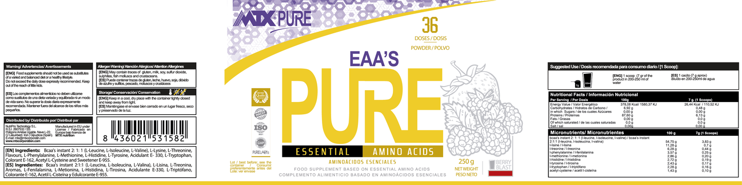 EAA PURE ™ (OFERTA 7+1)Aminoácidos esenciales [250GR] PVP(unidad): 24,5€