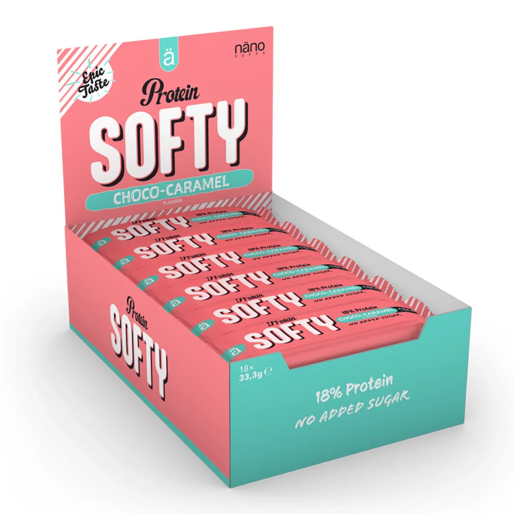 PROTEIN SOFTY | El snack Relleno Toffe cremoso cubierto chocolate con leche - NANO Supps -BOX-18 Units x 33,3g (P.V.P.r.: 36.00)