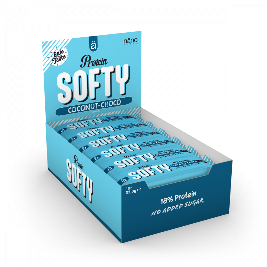 PROTEIN SOFTY | El snack Relleno Toffe cremoso cubierto chocolate con leche - NANO Supps -BOX-18 Units x 33,3g (P.V.P.r.: 36.00)