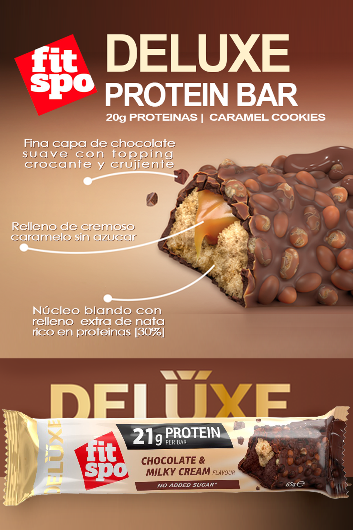 FitSpo DELUXE | Protein Bar Relleno Multicapa & Cobertura Crujiente 65g P.V.P.: 2,69€ (PVPR: 2,69€/unidad - 32,28€/caja de 12)