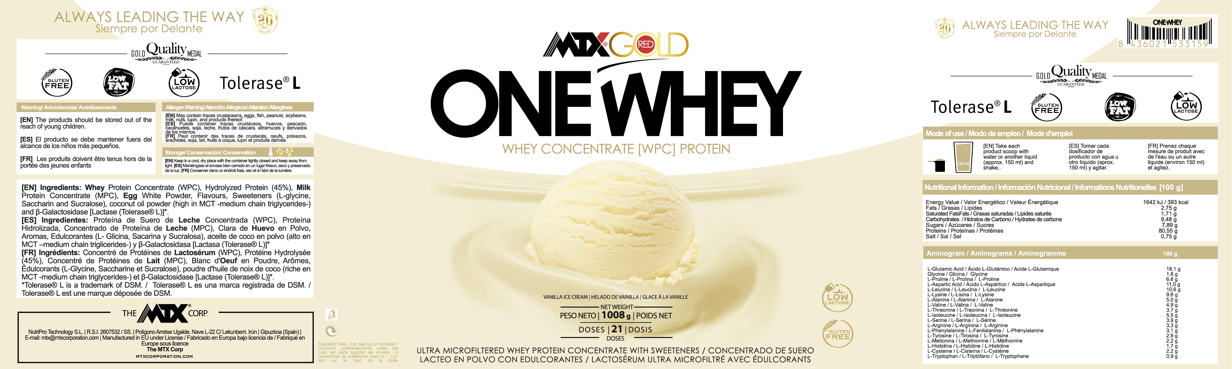 OneWhey™ CONCENTRADO DE SUERO (PVPR: | 1000G=38€ | 2000G=68,90€ |3.800G=119€)